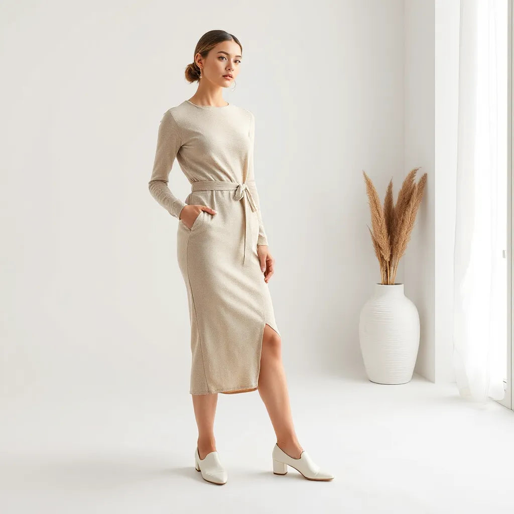 Model wearing a smooth seamless knit dress with a simple layered look in a bright minimalist studio