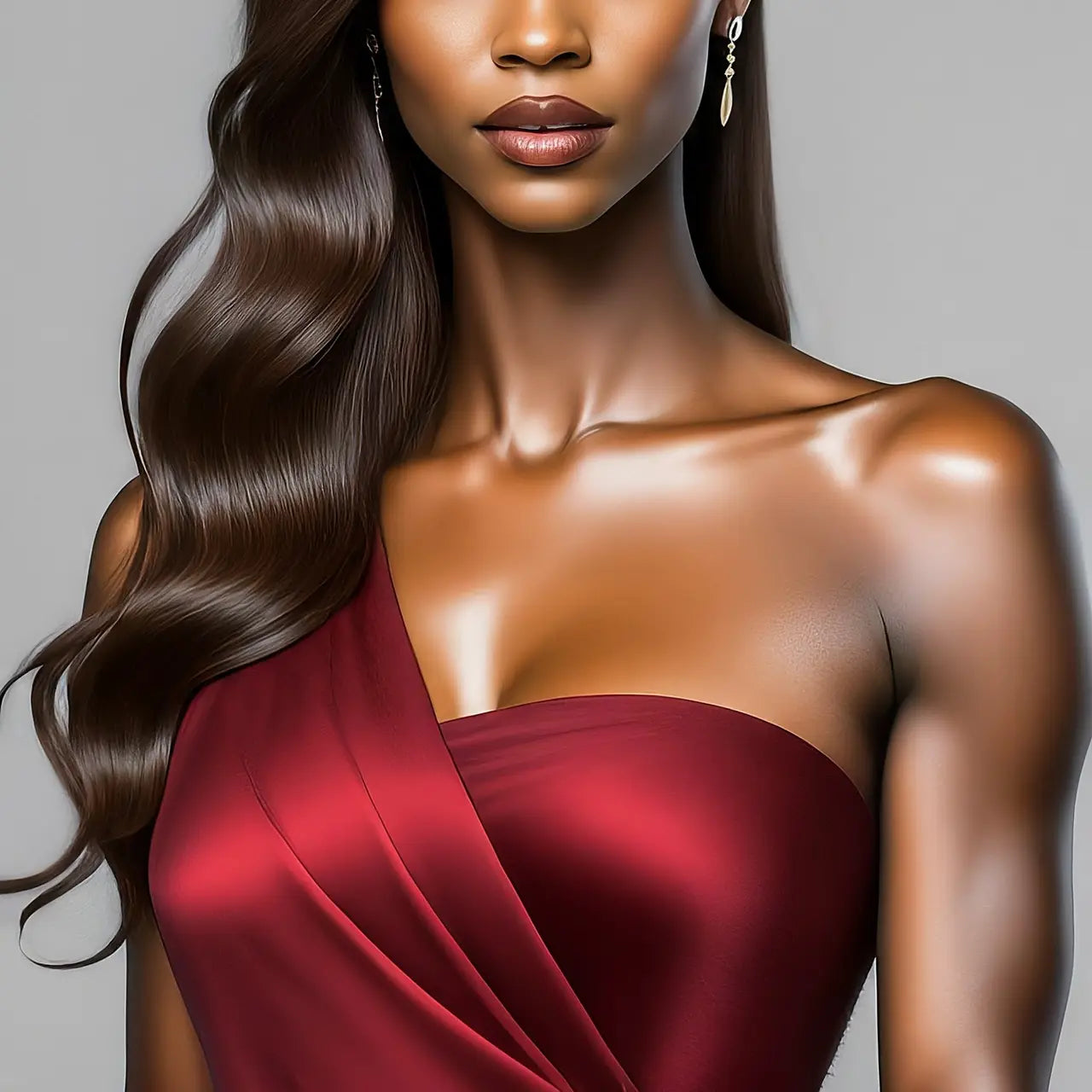 A woman in a red dress with long hair, showcasing her lips and ear, suggesting a fashion model in a photo shoot setting.