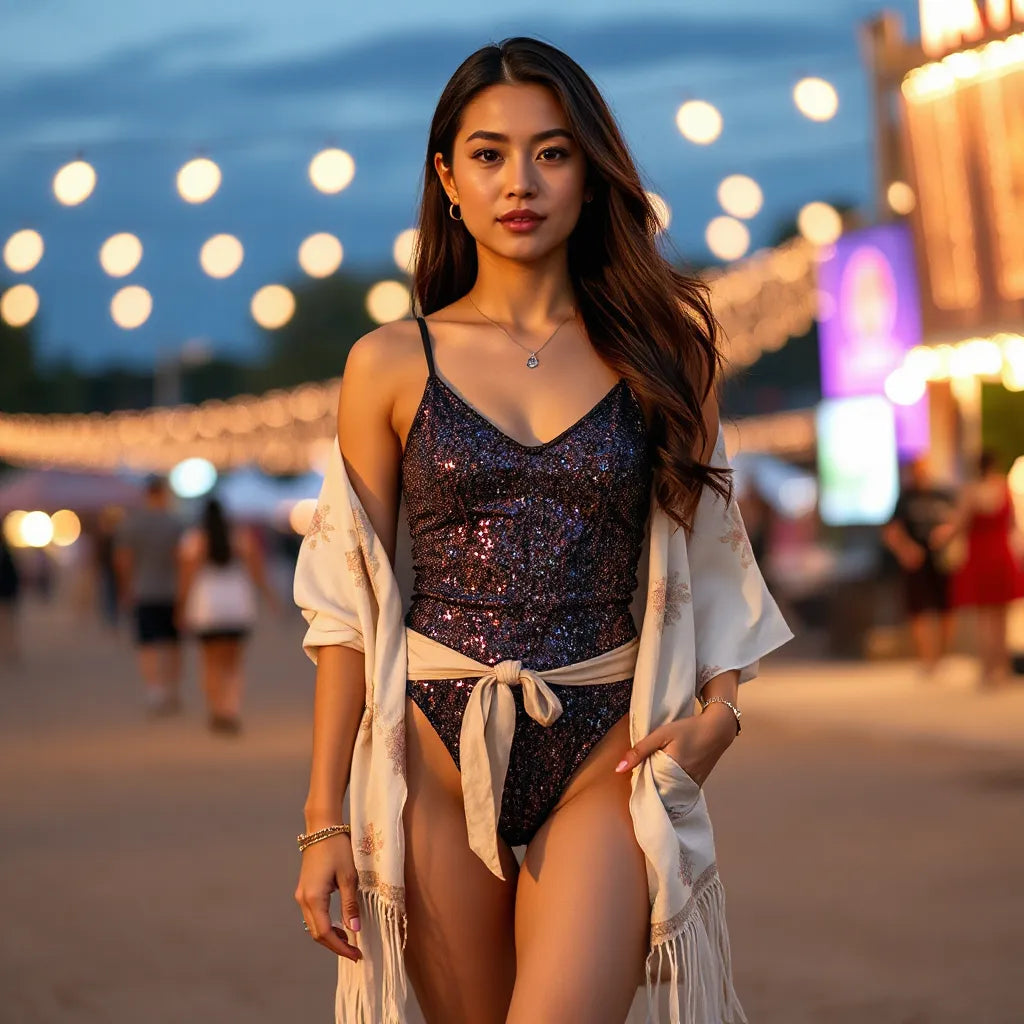 Woman in a sparkly festival bodysuit with fringe jacket and festival lights blurred in the background