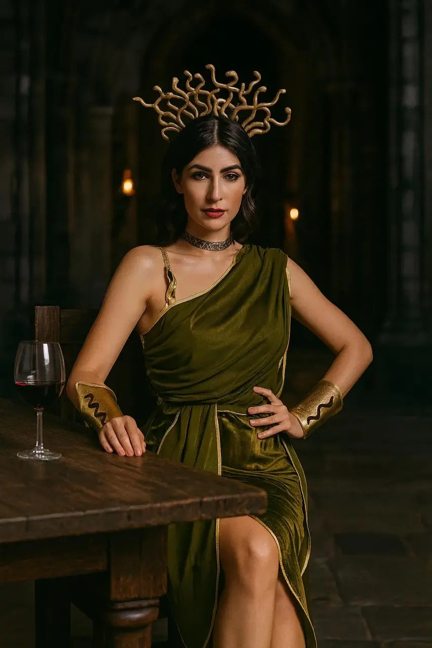 Woman in Medusa-inspired costume wearing an olive-green, one-shoulder dress with gold trim, a gold snake crown, matching cuffs, and choker, seated at a table with wine.
