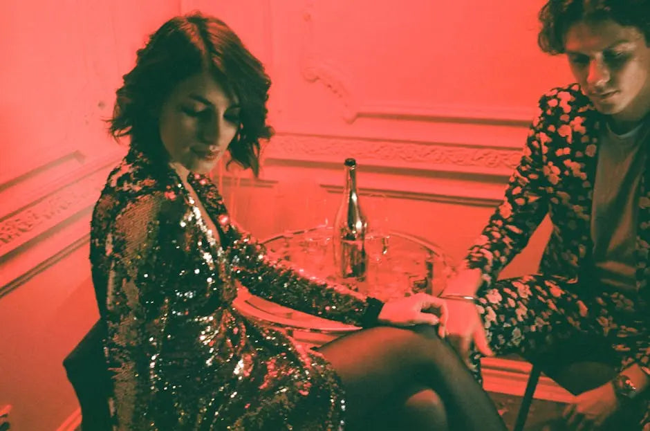 A couple seated at a café table, illuminated in red light, with a bottle and glasses. The woman wears a sequined dress; the man dons a patterned suit.