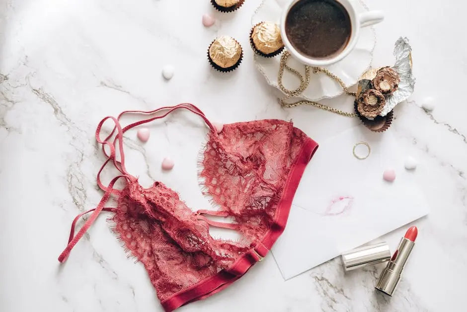 Styled flat-lay featuring a red lace bralette, surrounded by a white cup of coffee, gold chain, chocolate truffles, pastel candies, red lipstick, an envelope with kiss mark, and a gold ring.