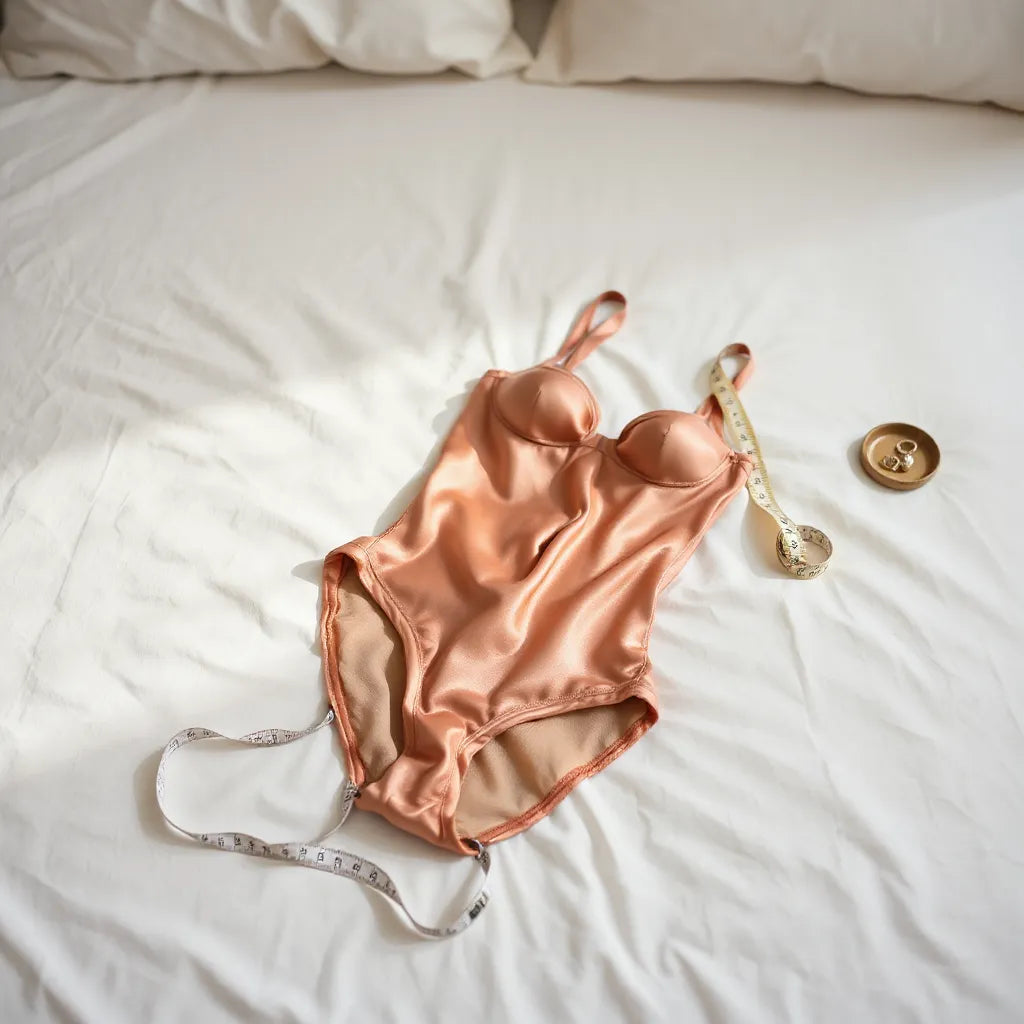 Satin lingerie teddy neatly displayed on a bed with a measuring tape nearby