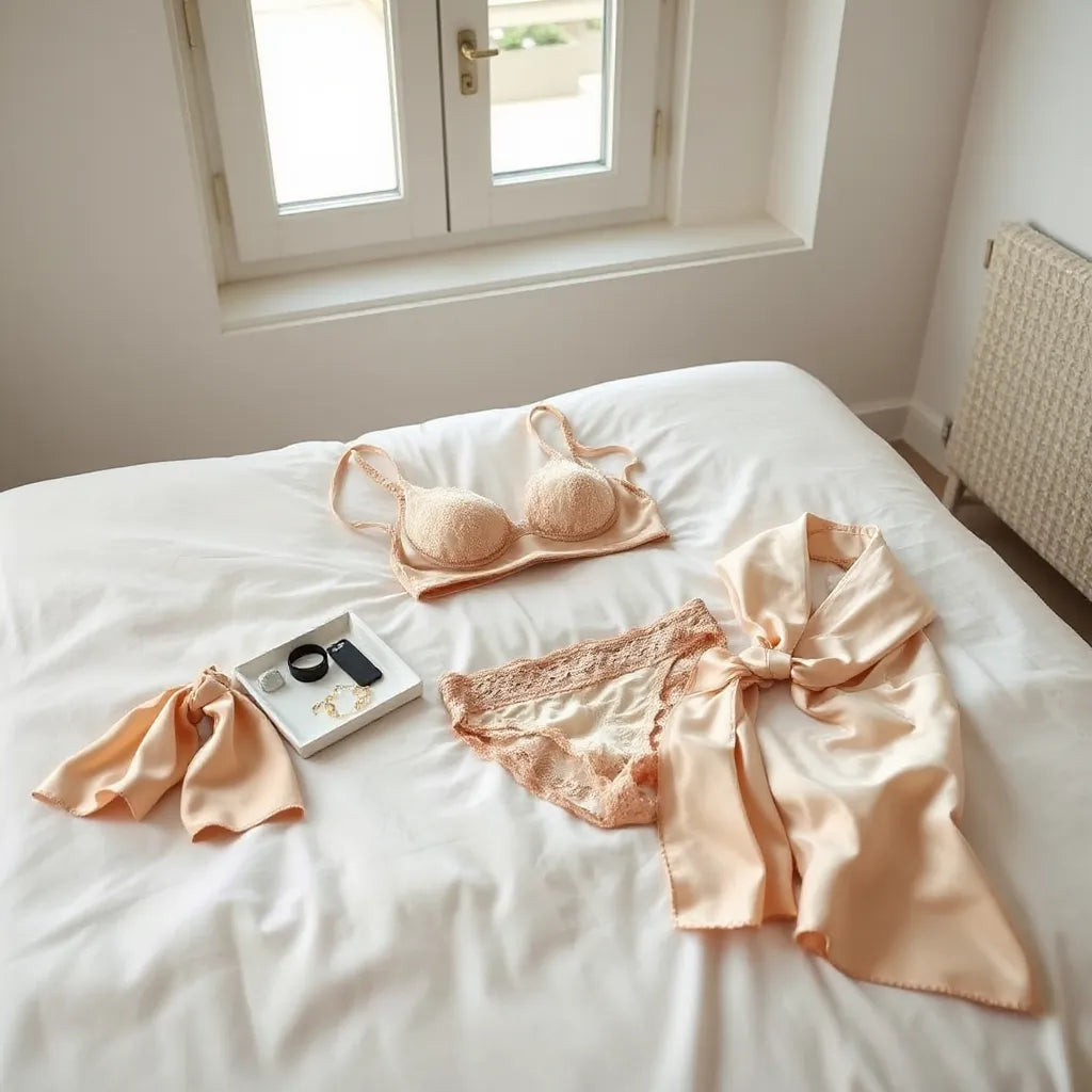 Elegant satin and lace lingerie set laid out on a bed with a sheer robe and accessories.