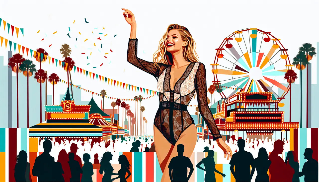 A woman in a black and white bodysuit stands at a carnival with a Ferris wheel in the background. Silhouettes of people are visible.