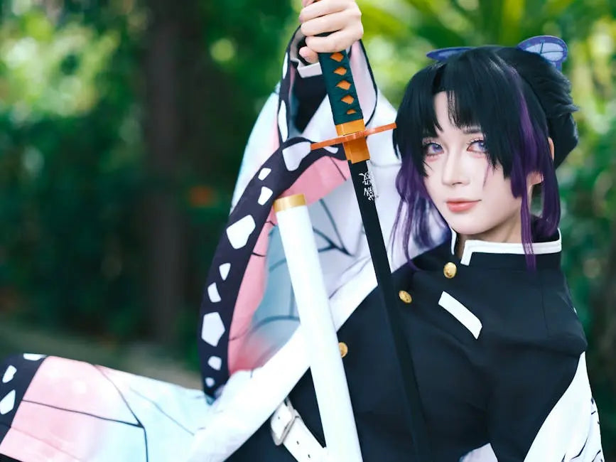 Cosplayer as Shinobu Kōchō from Demon Slayer, in a black uniform with a white butterfly-patterned haori, purple-tipped hair, and holding a nichirin blade.