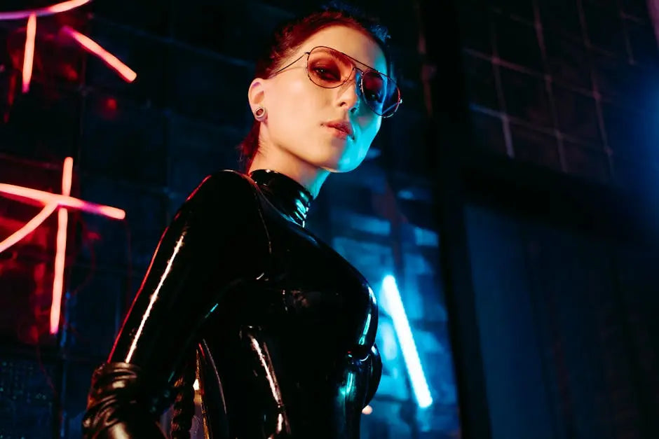 A person in a glossy black latex catsuit with tinted aviator glasses stands in a dark industrial setting, illuminated by contrasting red and blue neon lights.