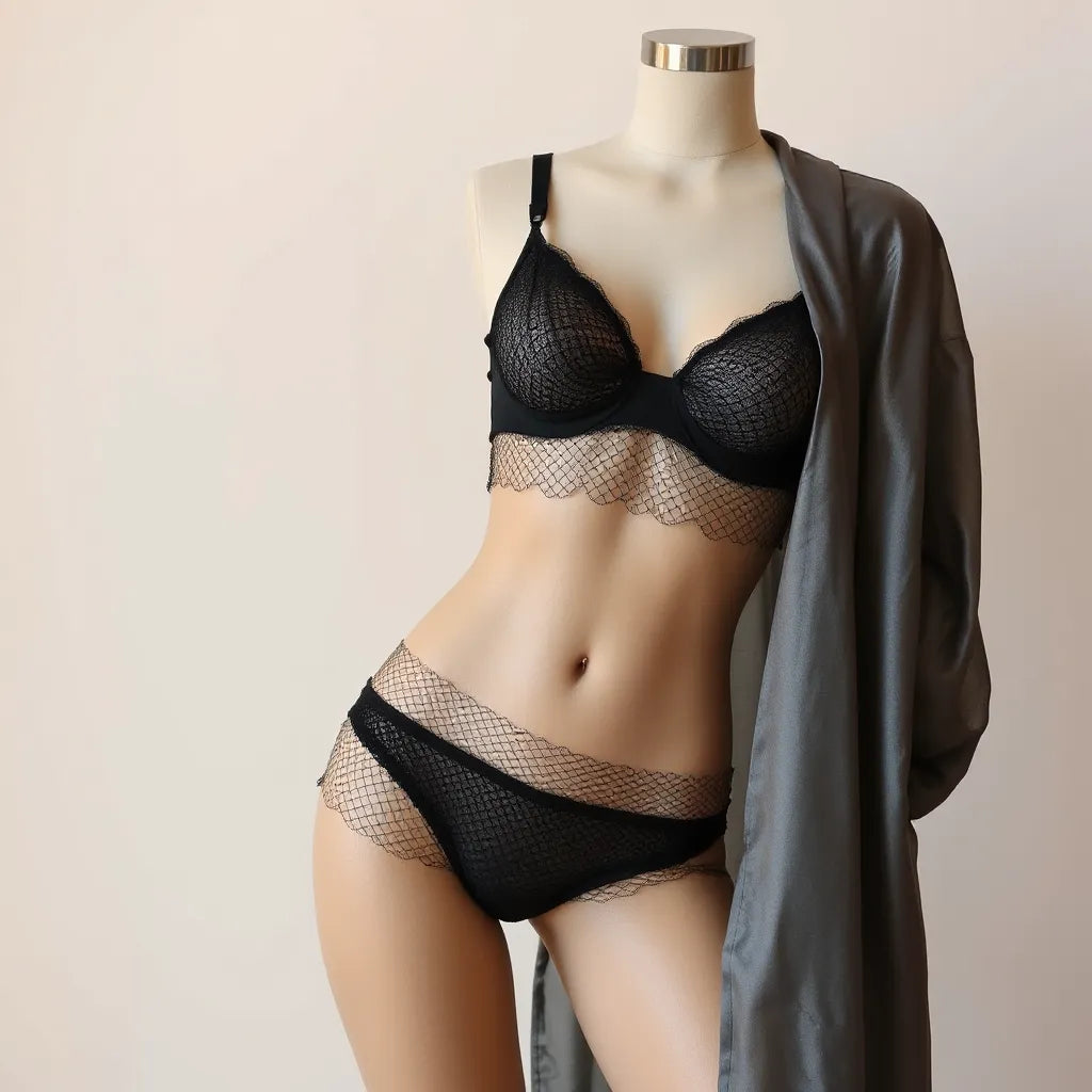 Black fishnet lingerie set styled on a mannequin with soft draped fabric in a studio
