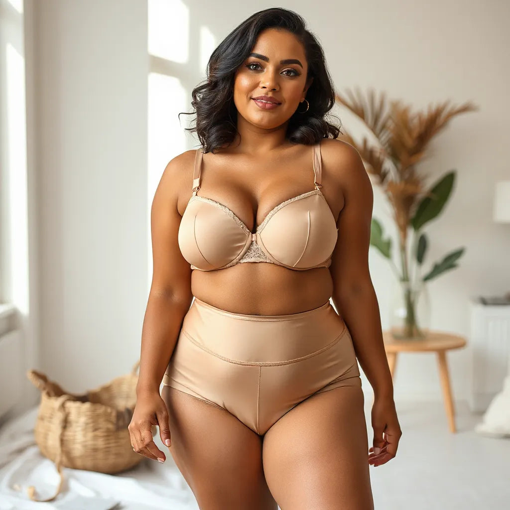 Curvy model wearing matching lace and satin plus size lingerie with a supportive bra and high-waisted panties