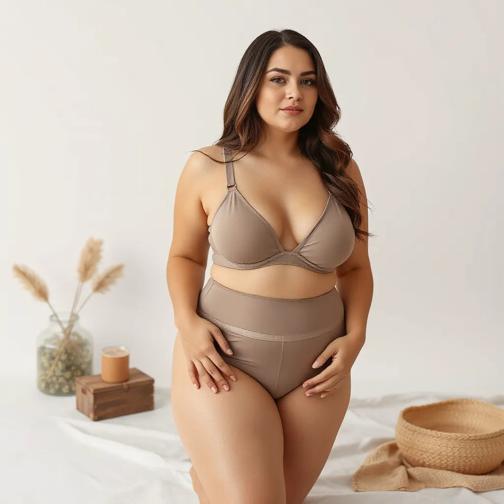 Confident model wearing a matching plus size lingerie set with supportive bra and high-waist panty
