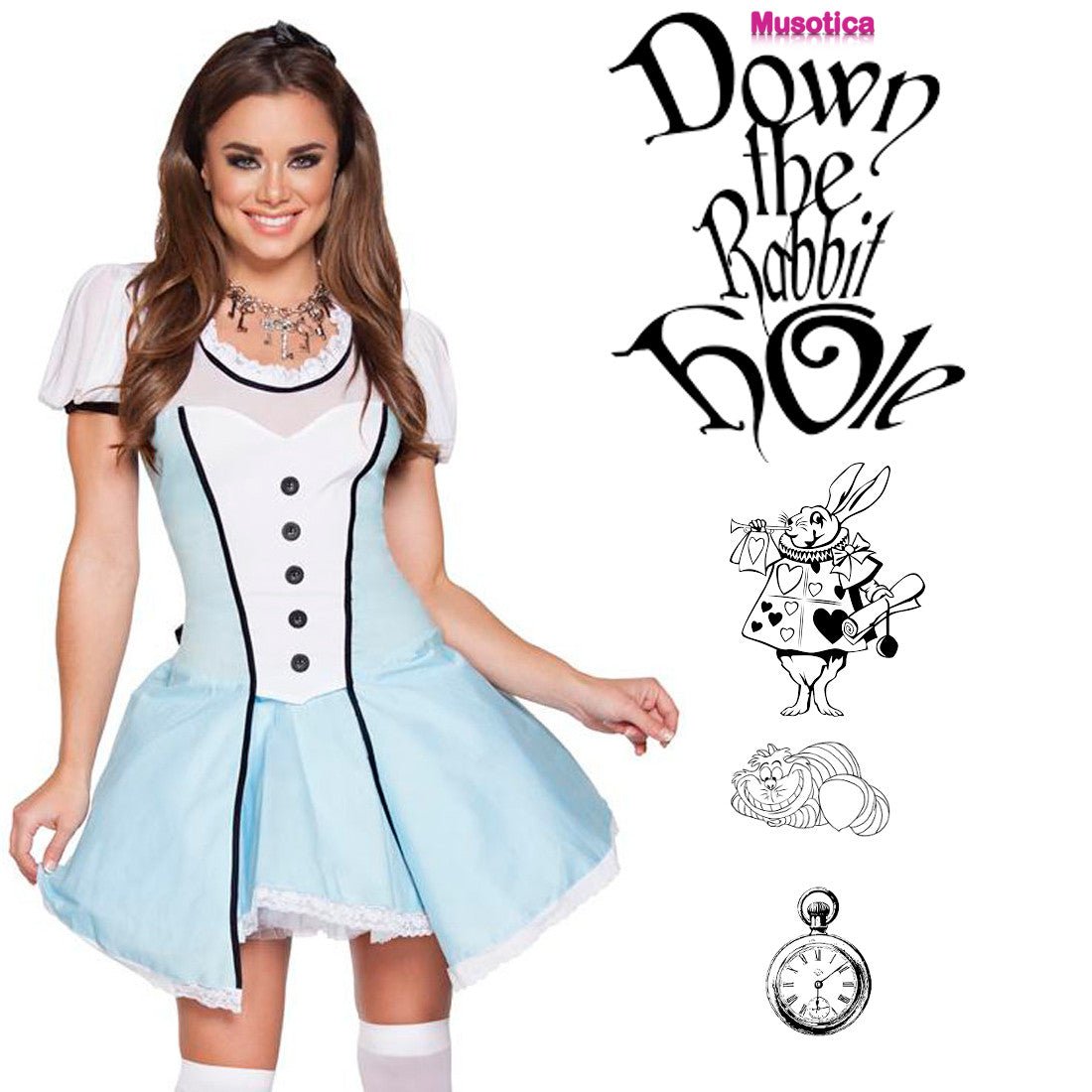 A woman in a blue and white patterned dress stands, with a focus on fashion design. A small portion of a clock is visible in the background.