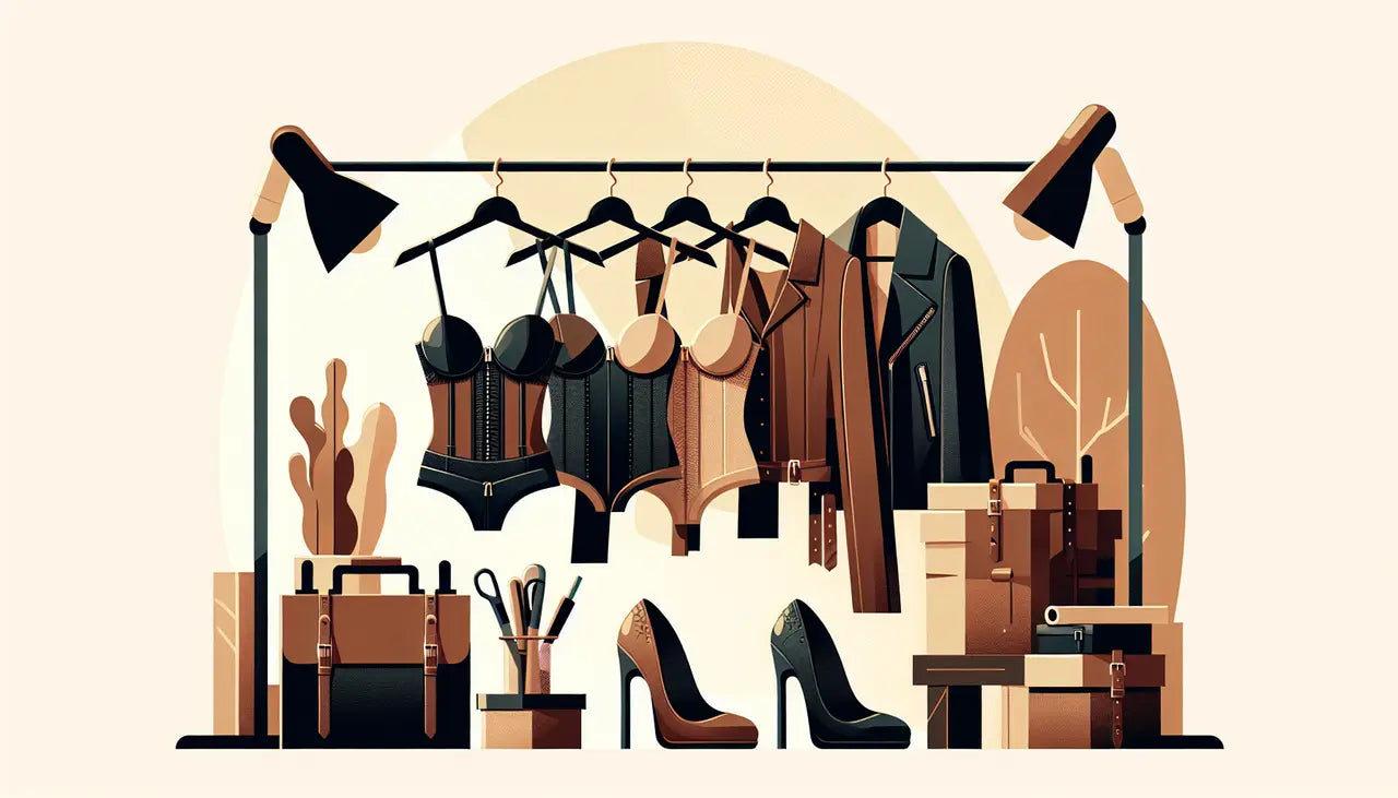 A rack displaying clothes and shoes, including a pair of black high-heeled shoes, alongside a briefcase and a black lamp with a brown handle.