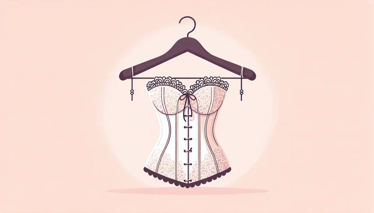 Illustrated white corset displayed on a hanger, combining elements of fashion design and art in a sketch style.
