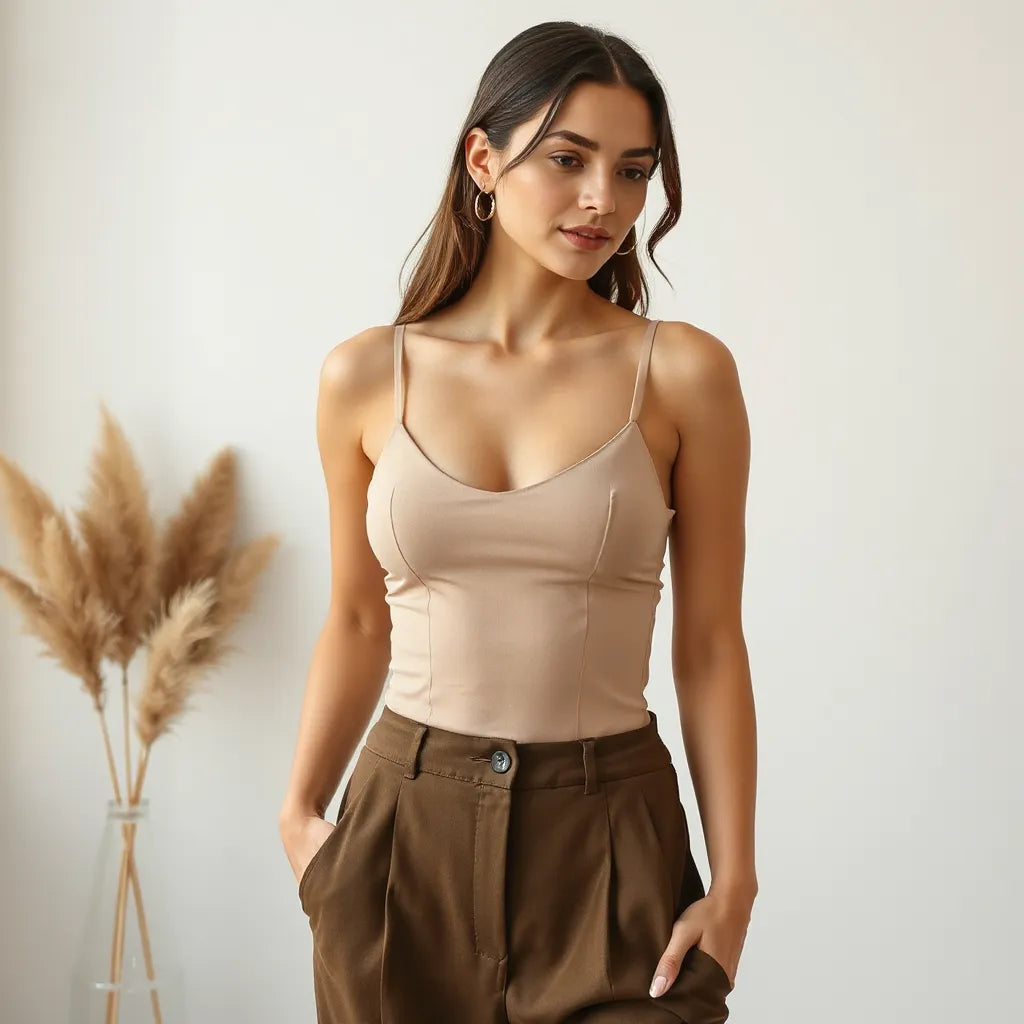 Model wearing a fitted strappy bodysuit with thin straps paired with high-waisted bottoms