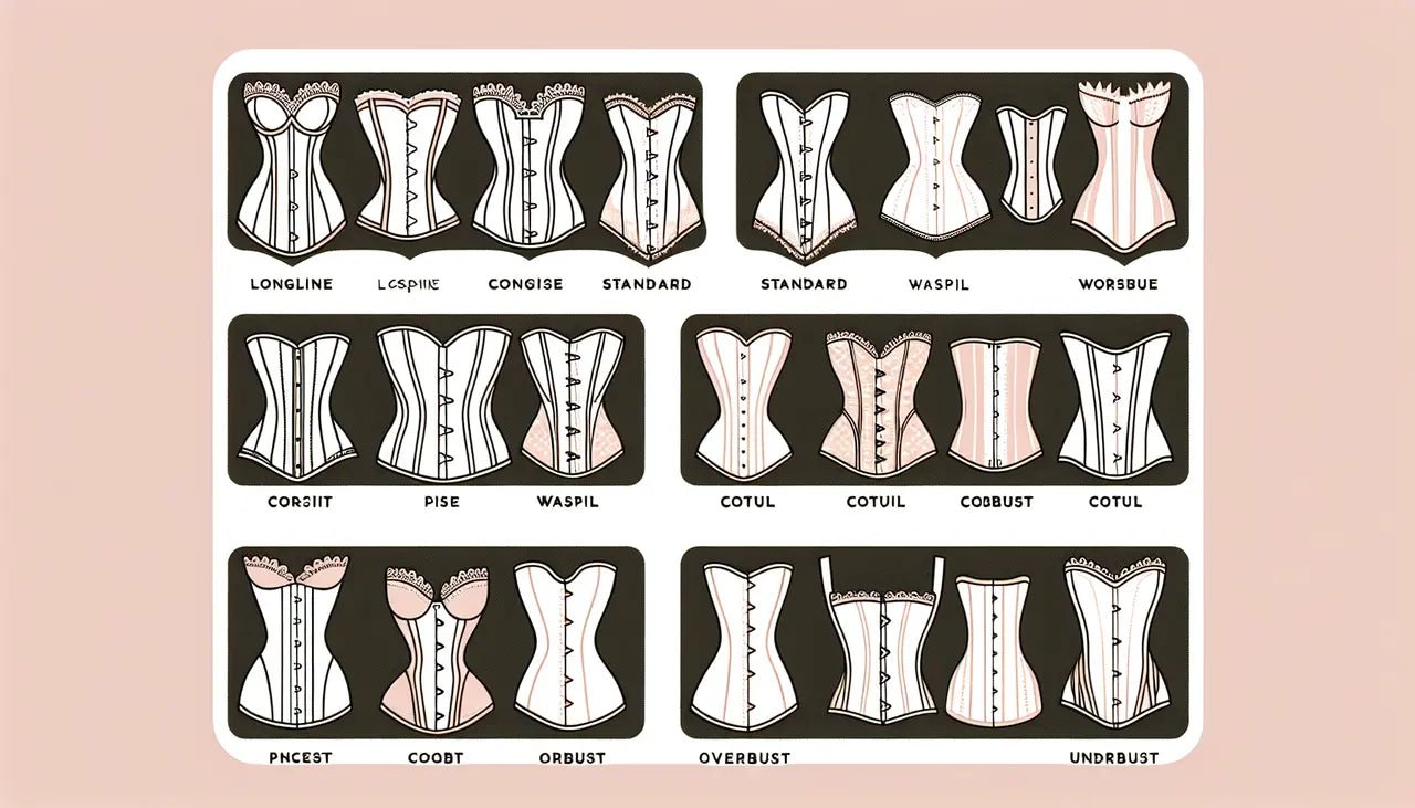 Collage of various corset styles, including detailed sketches and a cartoon of a woman wearing a corset, highlighting diverse designs and patterns.
