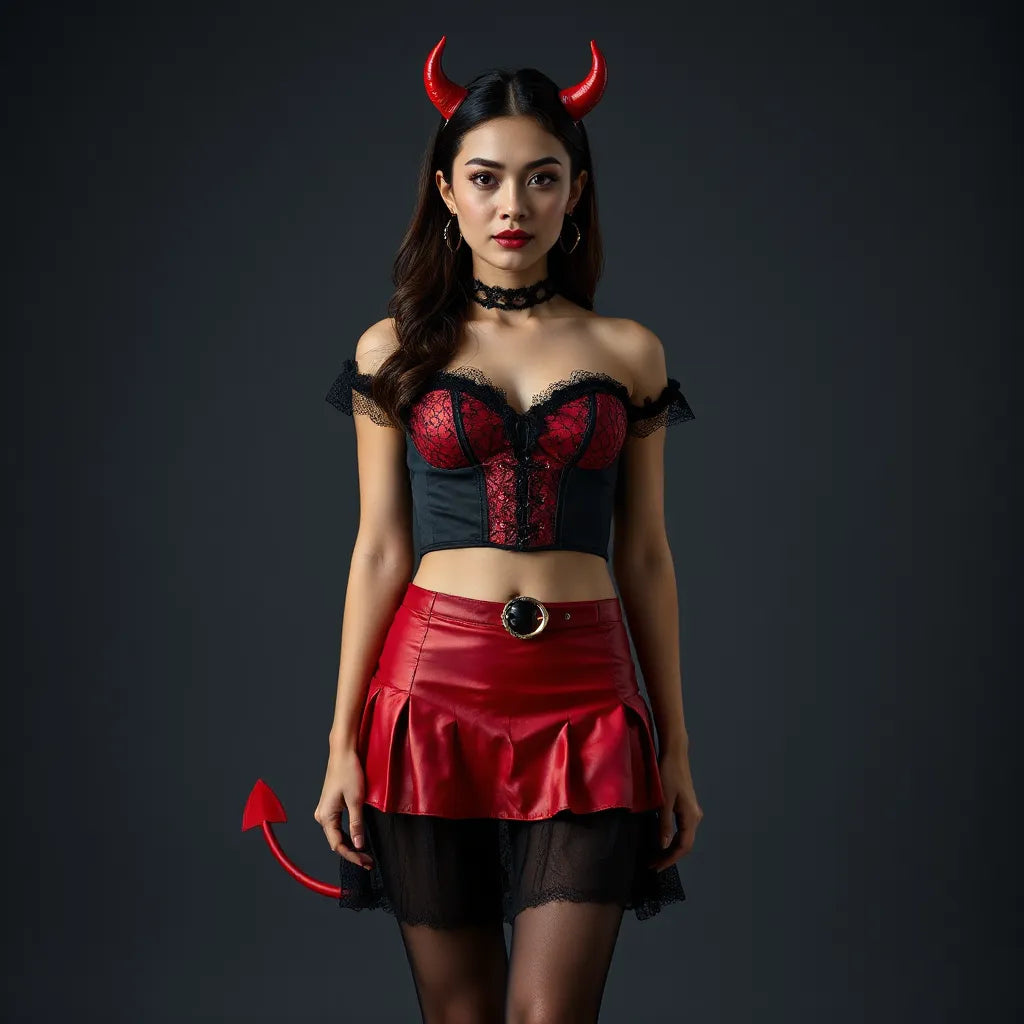 Woman wearing a black and red devil costume with horn headband, corset top, skirt, and stockings