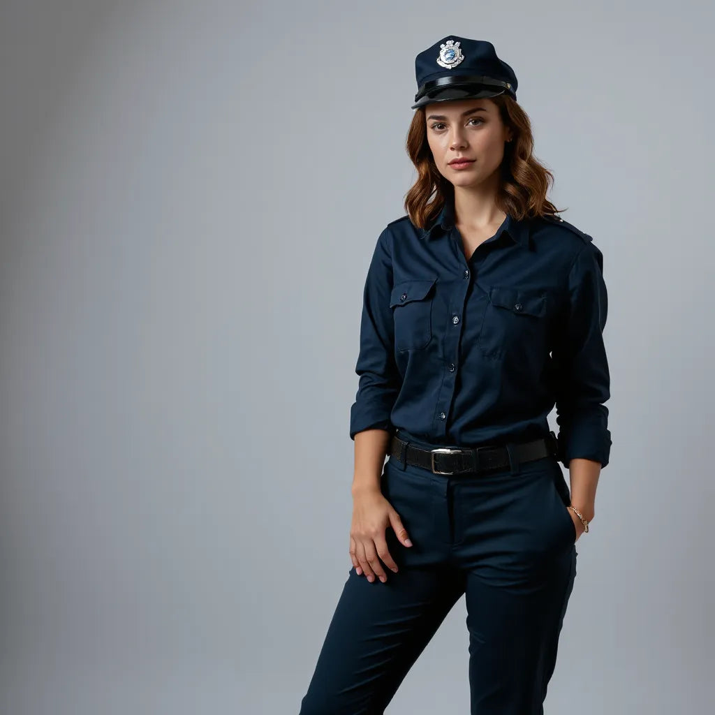 Woman wearing a tailored police uniform costume with a utility belt and epaulets in a studio setting