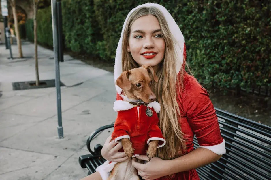 A young woman in a red, faux-fur–trimmed coat sits on a park bench, holding a small brown dog in a matching jacket, against a backdrop of a hedge.