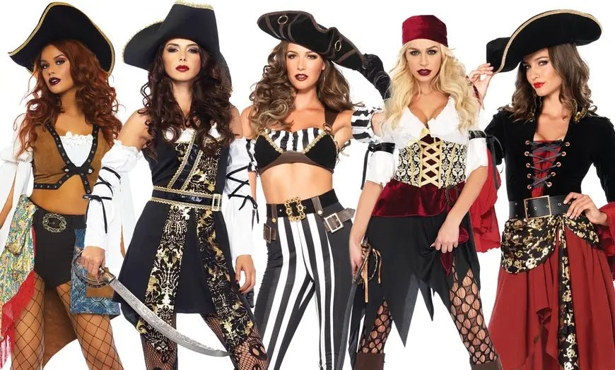 A group of women dressed in pirate costumes, featuring hats and accessories, with one holding a sword, embodying a pirate-themed fashion ensemble.
