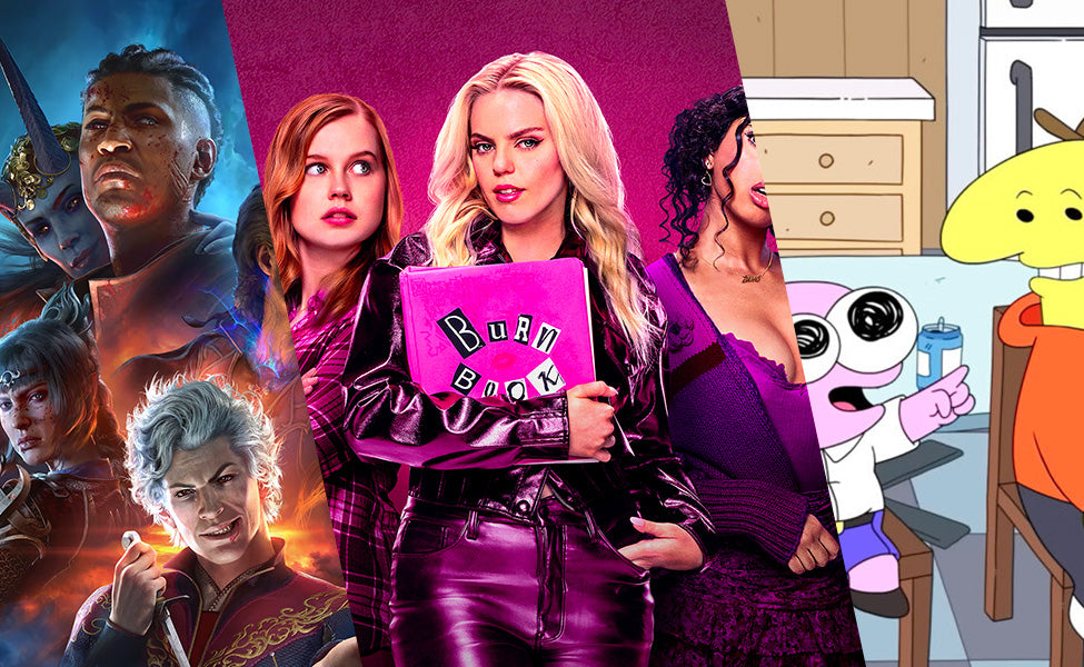 A group of women in purple holding a pink book, with a pink sign and cartoon figure in the background.