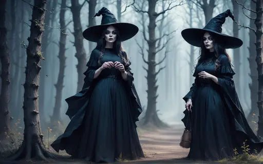 A group of women in black dresses and hats standing together outdoors, surrounded by trees, showcasing stylish, coordinated fashion.