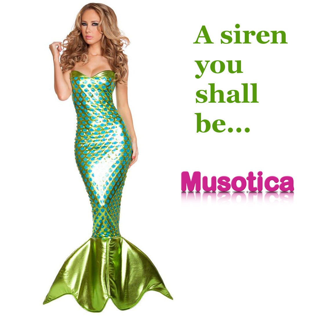 A woman wearing a mermaid-style haute couture gown, showcasing intricate design details and a close-up of the tail, embodying elegance and fashion sophistication.
