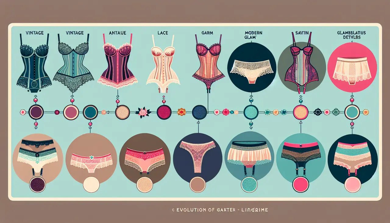 Illustrated poster showcasing various styles of women's underwear, including a blue and black corset, a pink striped dress, and multiple underwear designs.