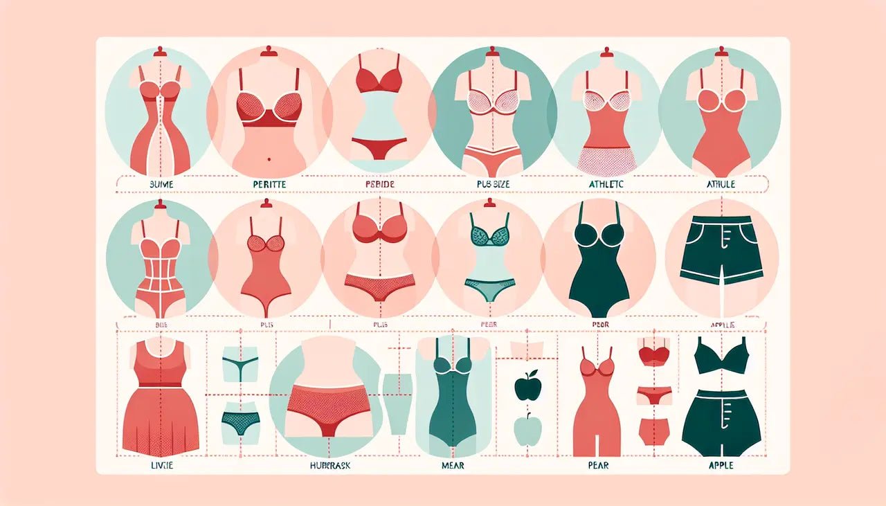 Illustrated poster showcasing various types of underwear and swimwear, including a red swimsuit and green shorts with white trim.