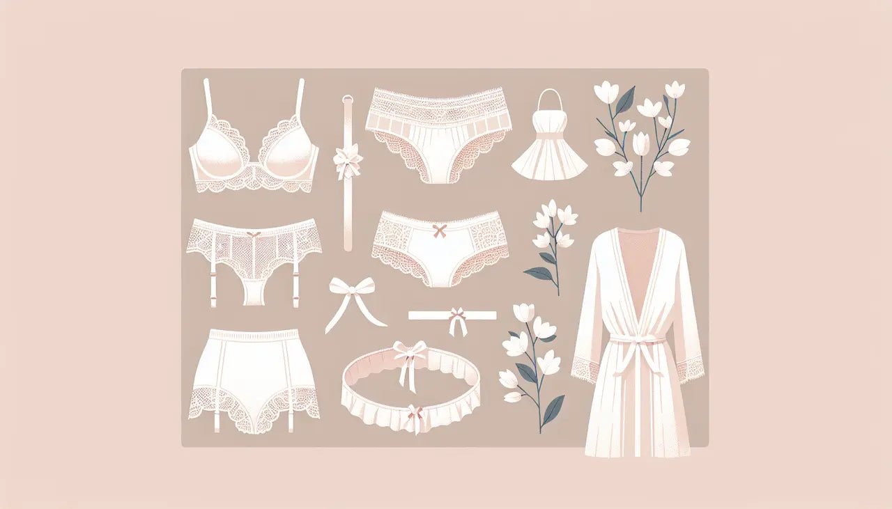A collection featuring a white robe with a belt, white lace garter belt, and various white lace-trimmed underwear pieces, adorned with delicate bows.