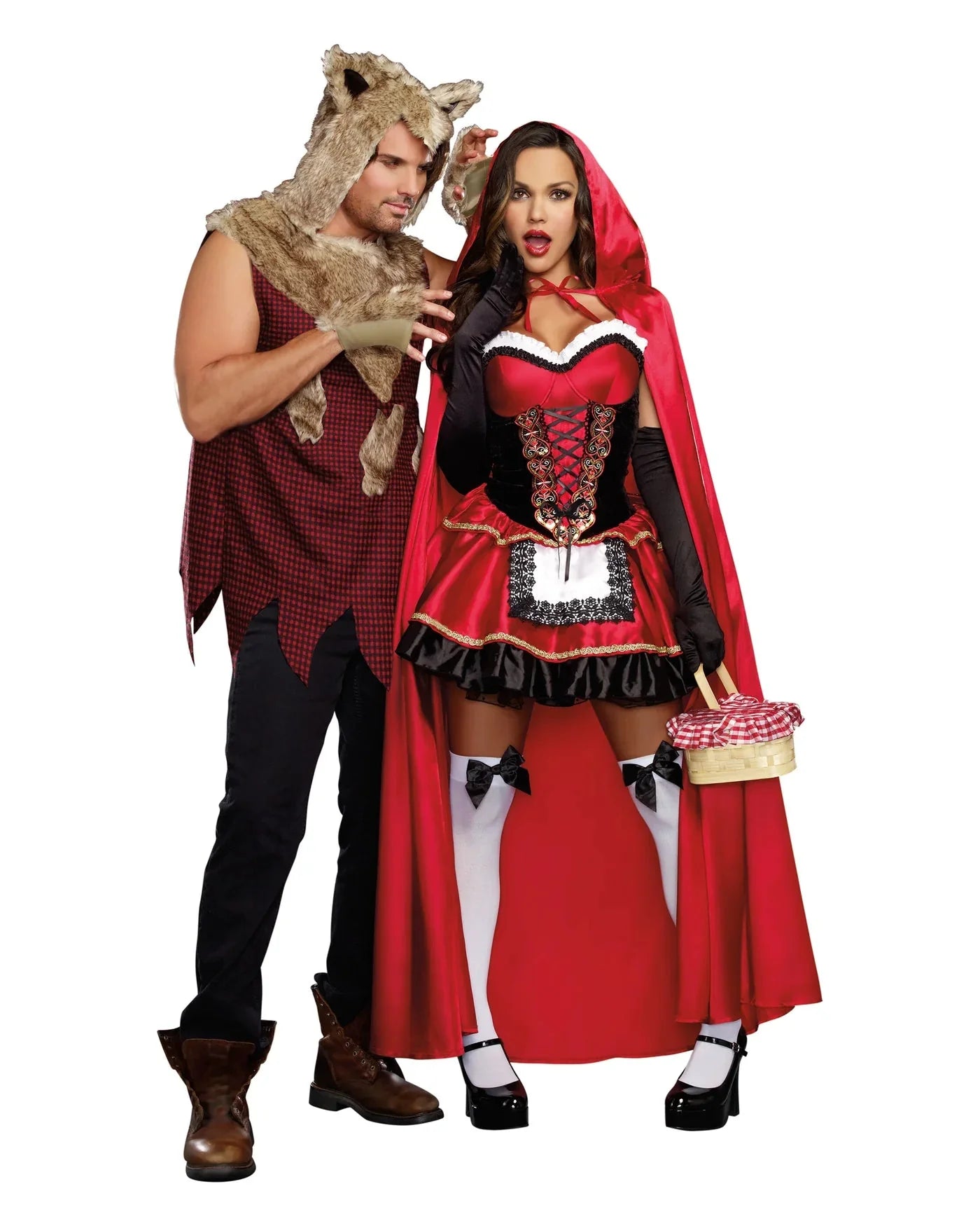 A man in a bear costume and a woman as Red Riding Hood stand with a picnic basket and brown boots visible.