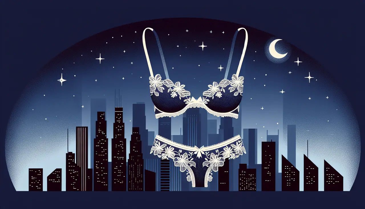 Blue and white lingerie with white floral lace, displayed against a city skyline backdrop at night, featuring a crescent moon above.
