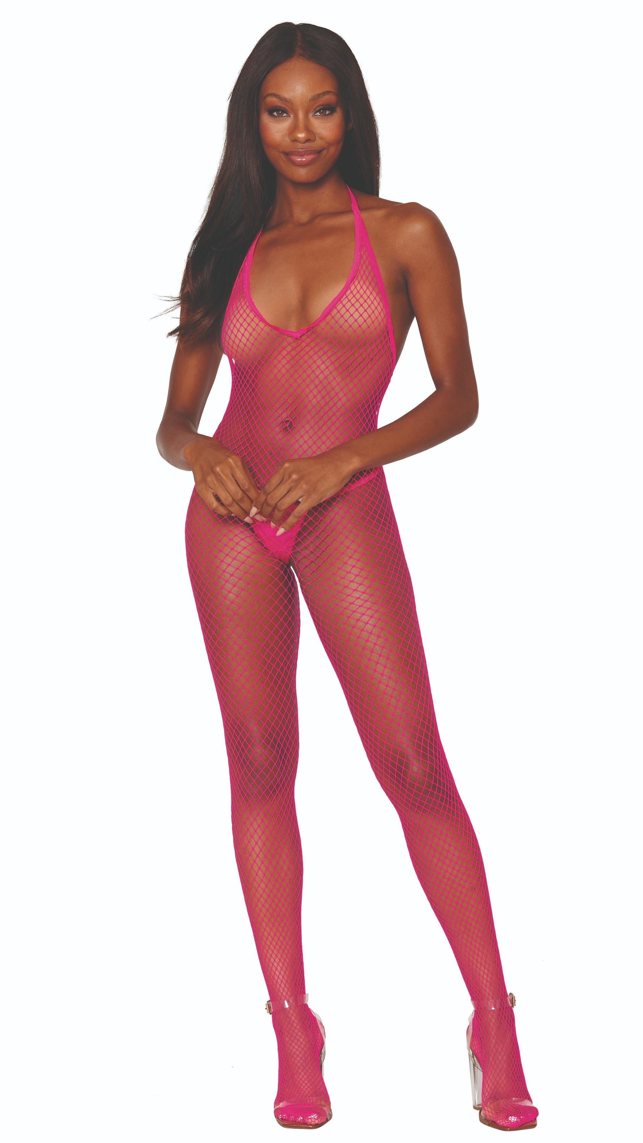 Neon Pink Diamond Fishnet Halter Bodystocking