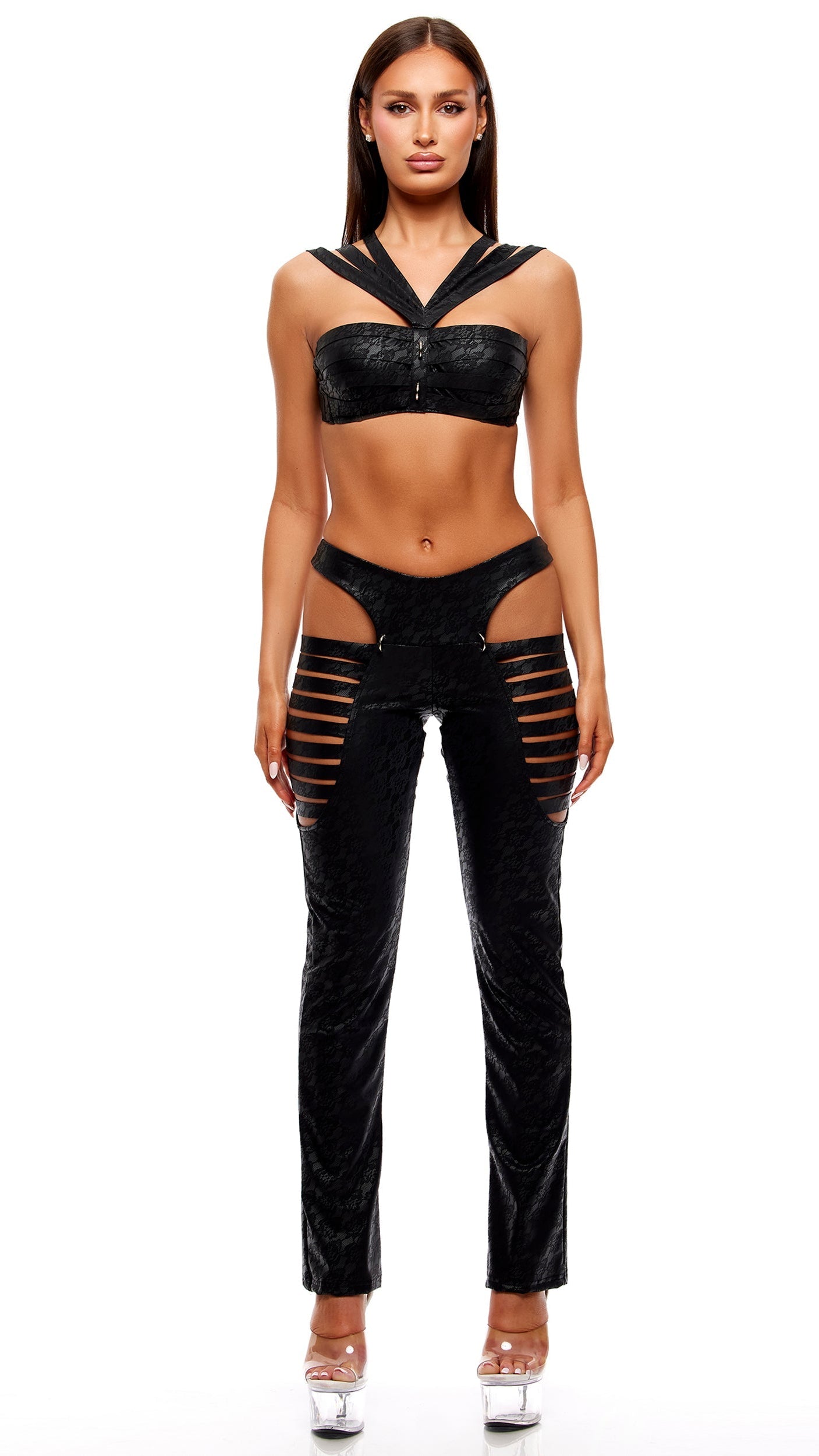 Strap Tease 2-Piece Strappy Matte Vinyl Bra and Pants Set - Black