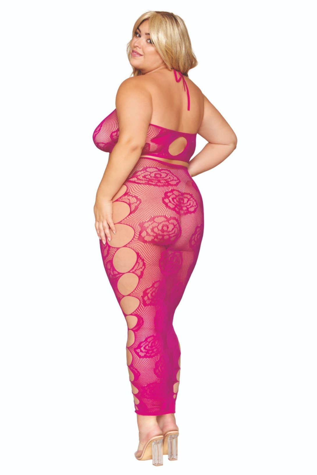 Plus size pink bralette and long skirt with rose detailing.