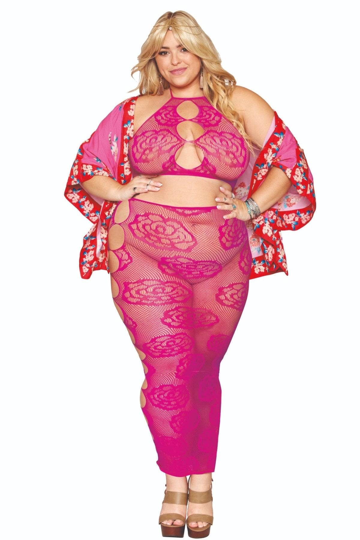 Plus Size Pink Bralette and Long Skirt with Rose Detail, showcasing seamless design, adjustable halter ties, keyhole feature, and unique knitted rose and fishnet pattern.