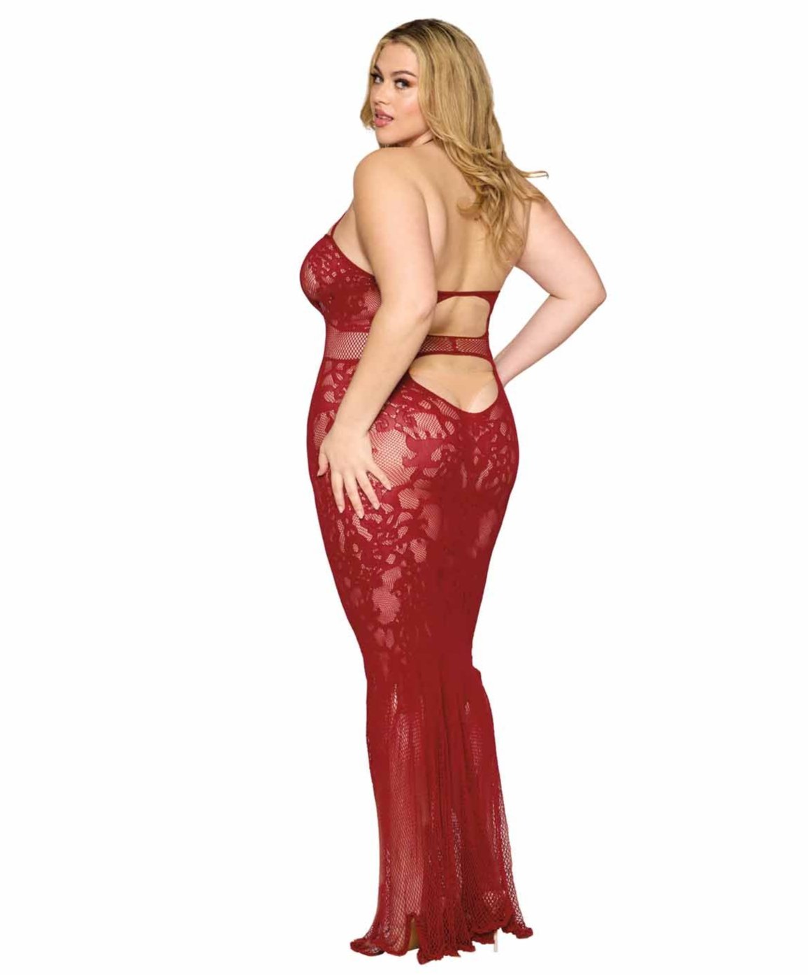 Plus size lace bodystocking gown with fishnet waist corset inset.