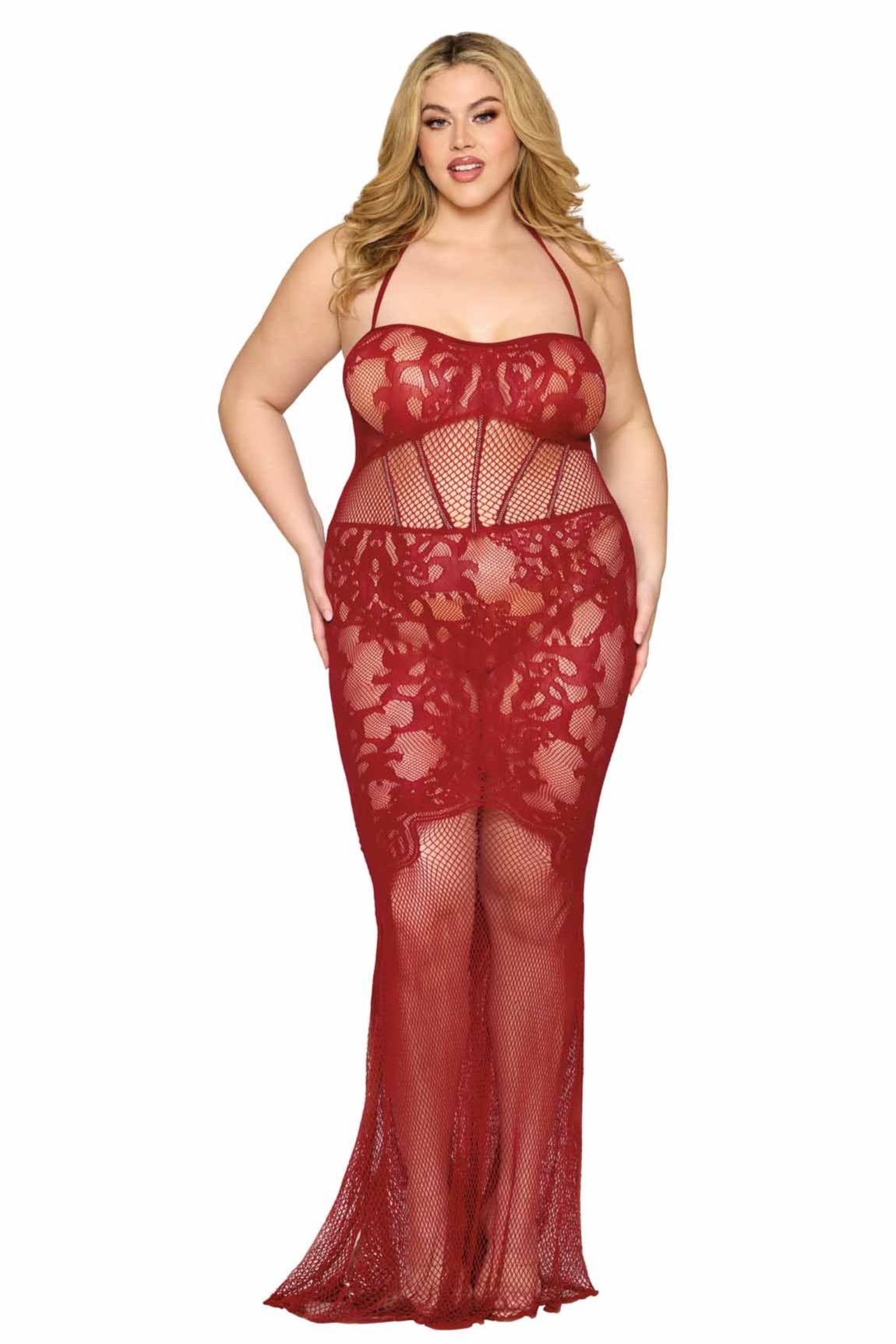Plus Size Fishnet Corset Bodystocking Lace Gown worn by a model, showcasing a flattering fit-and-flare hem and luxurious rhinestone embellishments.