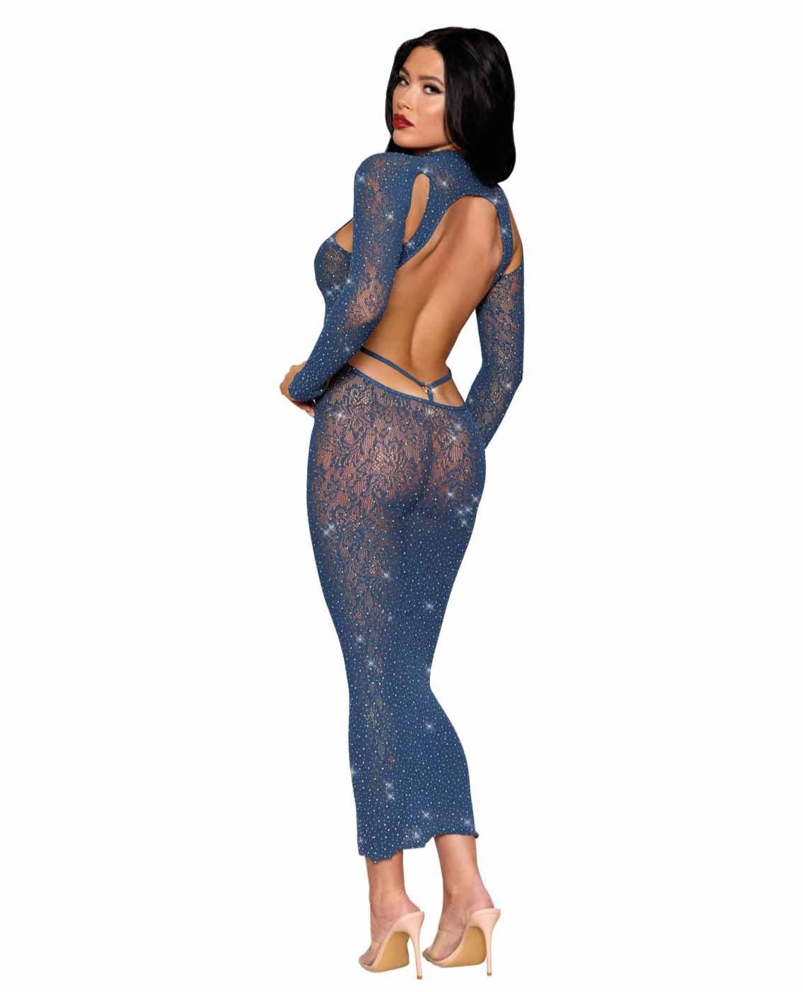 Rhinestone-embellished lace bodystocking gown showcasing back design and elegance.