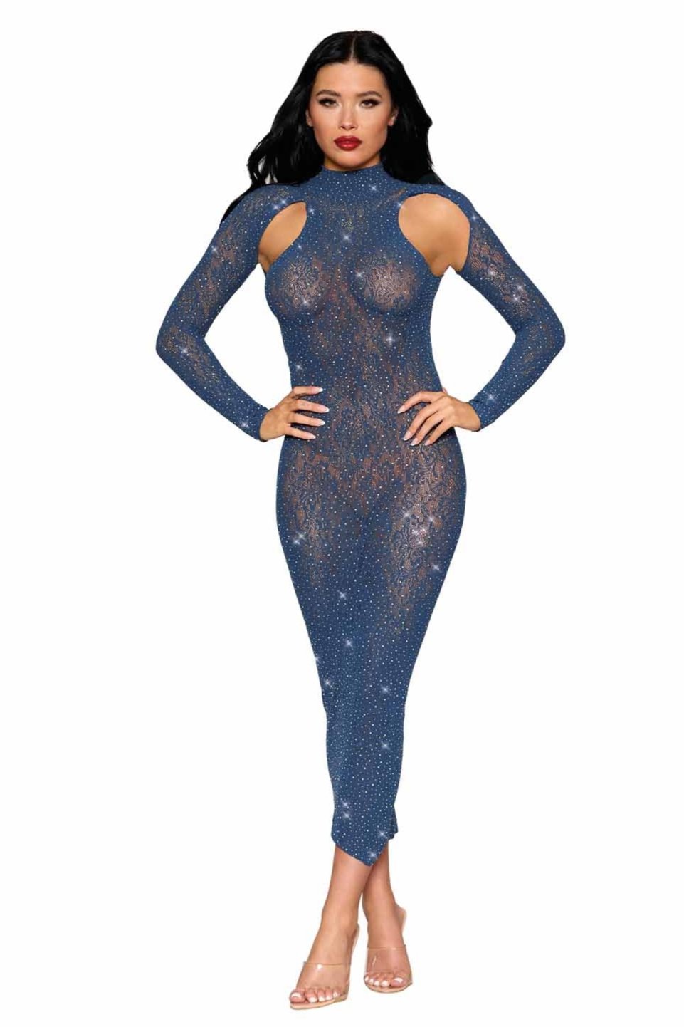 Rhinestone-embellished lace bodystocking gown in blue. Elegant and alluring design.