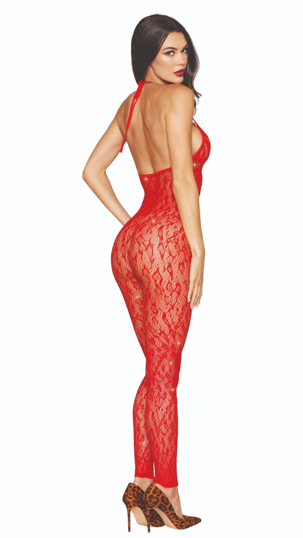 Woman wearing a seamless knitted leopard pattern bodystocking with red rhinestones, featuring an adjustable halter, keyhole neckline with metal trim, and footless hem.