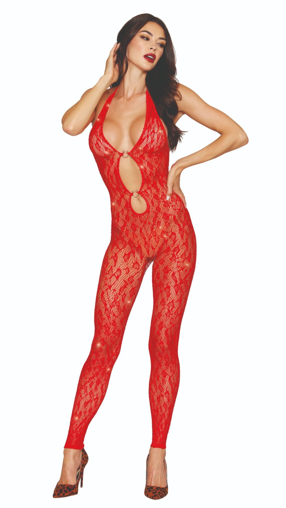 Woman modeling a seamless knitted leopard pattern bodystocking adorned with red rhinestones, featuring adjustable halter ties, a keyhole neckline, and footless hem.