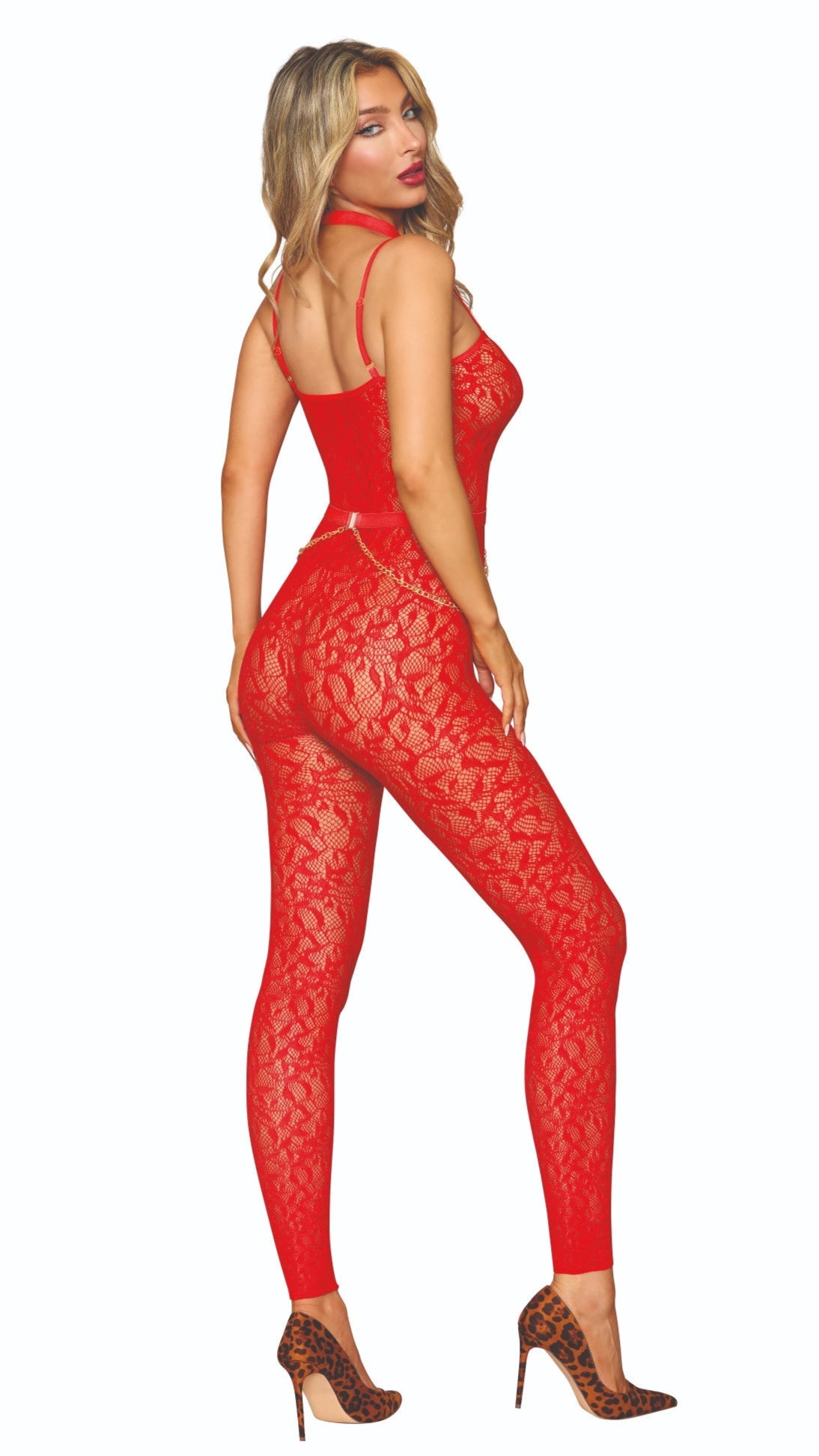 Woman in seamless lace bodystocking and harness set, featuring footless design and adjustable straps, complemented by a separate chain and elastic halter harness.