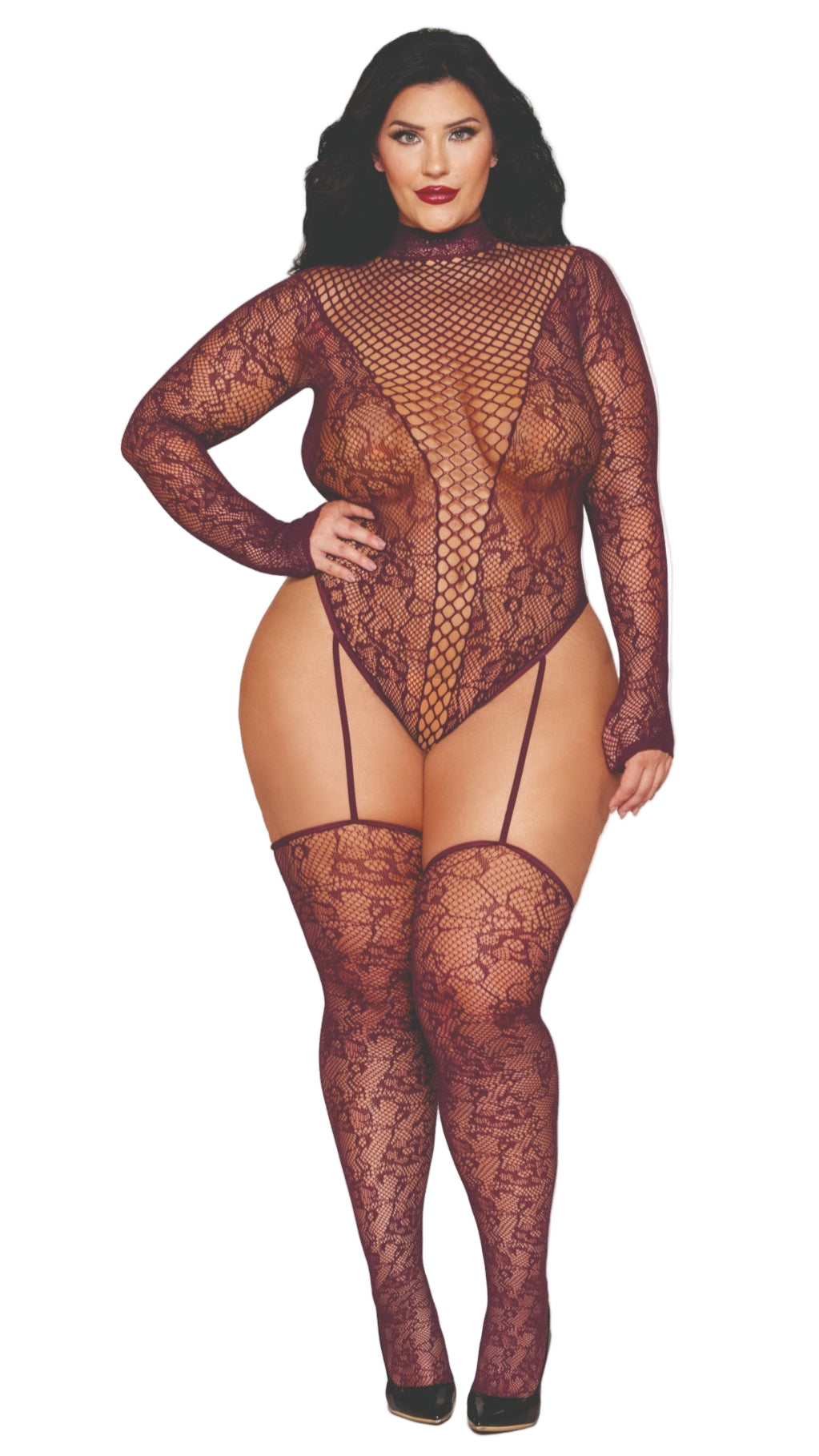 Plus Size Seamless knitted lace teddy bodystocking featuring a plunging fishnet neckline, long sleeves, high-leg design, elastic garters, and matching lace thigh-high stockings.