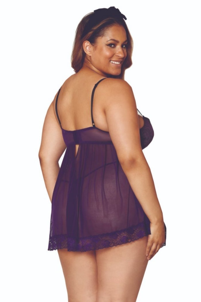 Dreamgirl Plus Size Contrast Lace Overlay Babydoll in purple, stylish and flattering design.