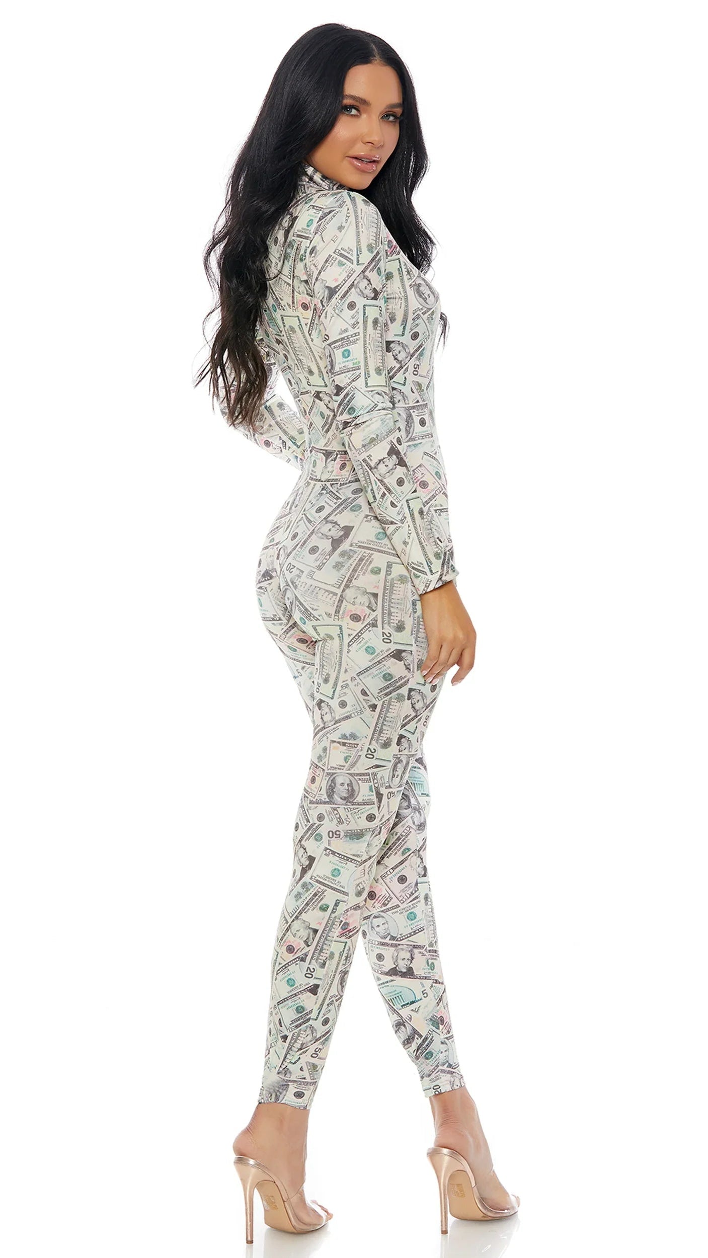 Plus Size Zipfront Money Print Jumpsuit featuring a mock neck and zipper closure, modeled by a woman with long black hair wearing the jumpsuit.