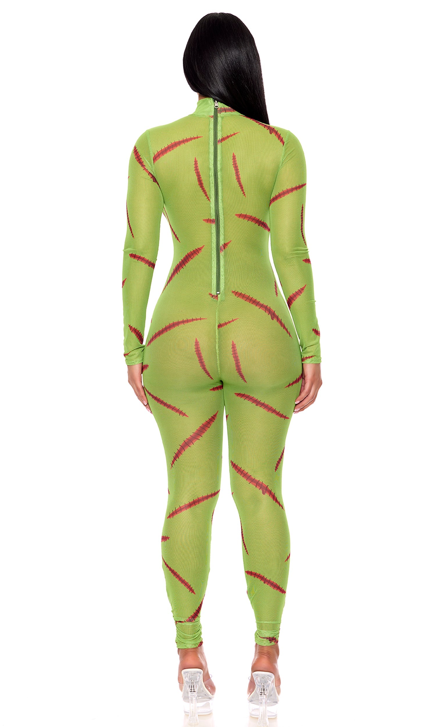 Frankenstein design mesh jumpsuit for Halloween costume.