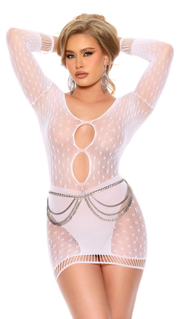 Polka dot crochet mini dress featuring a keyhole design on both the front and back, showcasing intricate crochet details and a stylish, playful pattern.