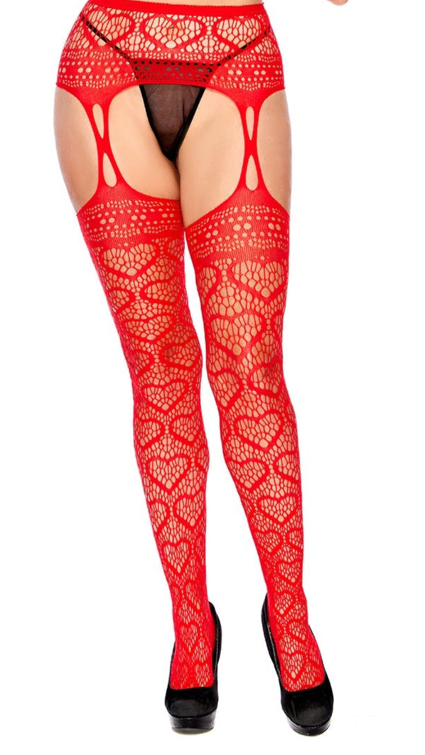 Plus Size Heart Net Suspender Pantyhose Red features an open-crotch fishnet design with a lace pattern, connected to a waistband, paired with a black thong, showcased against a plain backdrop.