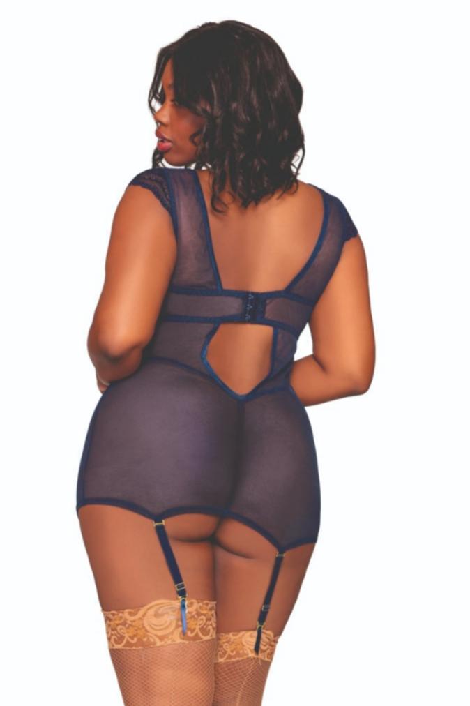 Plus size lace mesh garter slip with plunging neckline and matching G-string.
