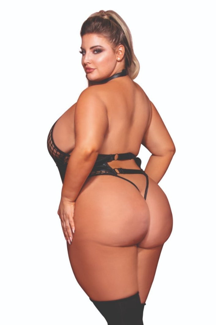 Plus size fishnet corset teddy with collar and chain leash accent.